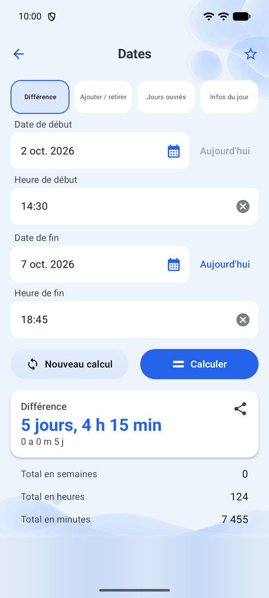 Capture d’écran de l’application Calqira : Calcul de dates