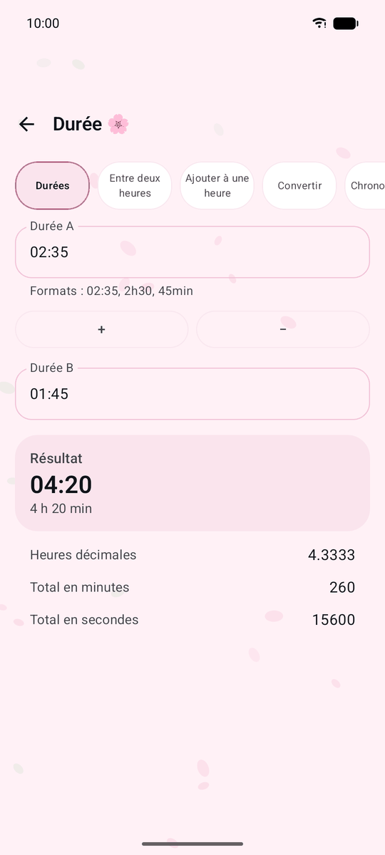 Capture d’écran de l’application Calqira : Calcul de durées