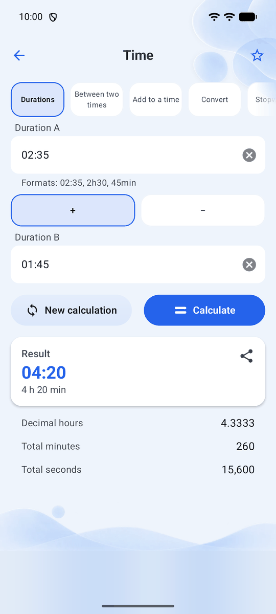 Screenshot of the Calqira app: Time calculations