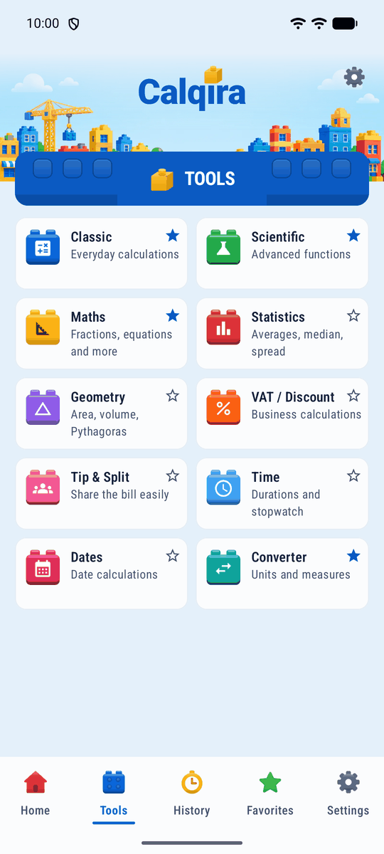 Screenshot of the Calqira app: The ten modules
