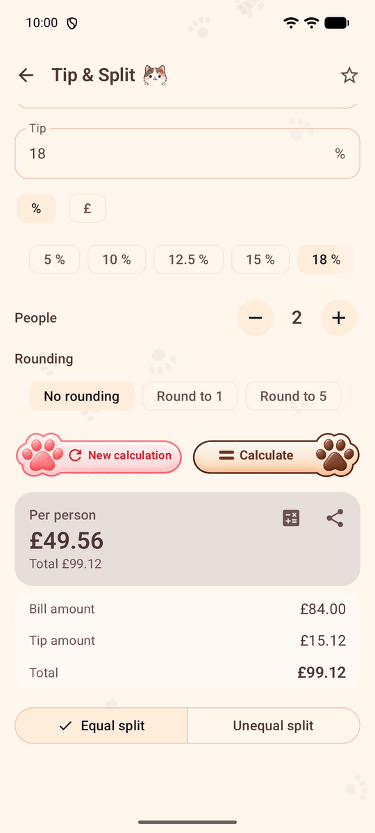 Screenshot of the Calqira app: Tip & Split