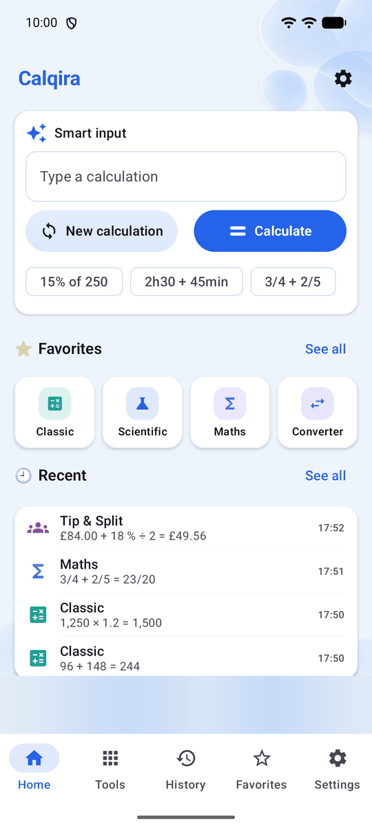 Screenshot of the Calqira app: Home screen